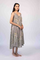 Black & Grey Geometric Hand-Block Printed Cotton Midi Dress