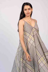 Black & Grey Geometric Hand-Block Printed Cotton Midi Dress