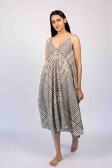 Black & Grey Geometric Hand-Block Printed Cotton Midi Dress