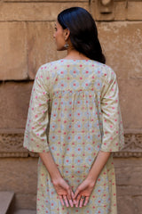 Green Cotton Hand Block Printed Kurta