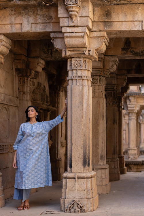 Blue Hand-Block Printed Cotton Kurta