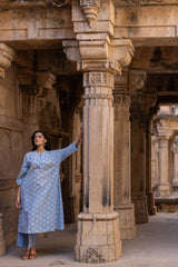 Blue Hand-Block Printed Cotton Kurta