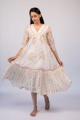 Off-White Floral Chanderi Hand Block Printed Dress