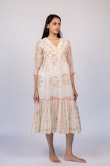 Off-White Floral Chanderi Hand Block Printed Dress
