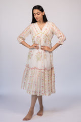 Off-White Floral Chanderi Hand Block Printed Dress