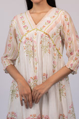 Off-White Floral Chanderi Hand Block Printed Dress