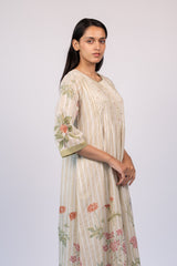 Beige Floral Cotton A-Line Dress