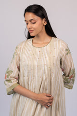 Beige Floral Cotton A-Line Dress