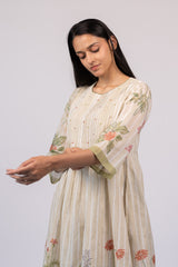 Beige Floral Cotton A-Line Dress