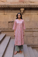 Pink Cotton Hand Block Printed Kurta