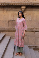 Pink Cotton Hand Block Printed Kurta