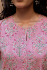 Pink Cotton Hand Block Printed Kurta