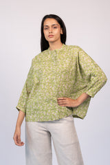 Green Floral Hand Block Printed Cotton Top