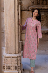 Pink Cotton Hand Block Printed Kurta