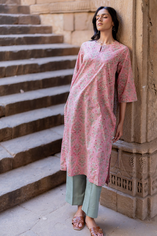 Pink Cotton Hand Block Printed Kurta