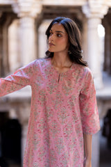 Pink Cotton Hand Block Printed Kurta