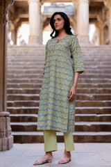 Green Cotton Hand Block Printed Kurta