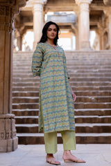 Green Cotton Hand Block Printed Kurta