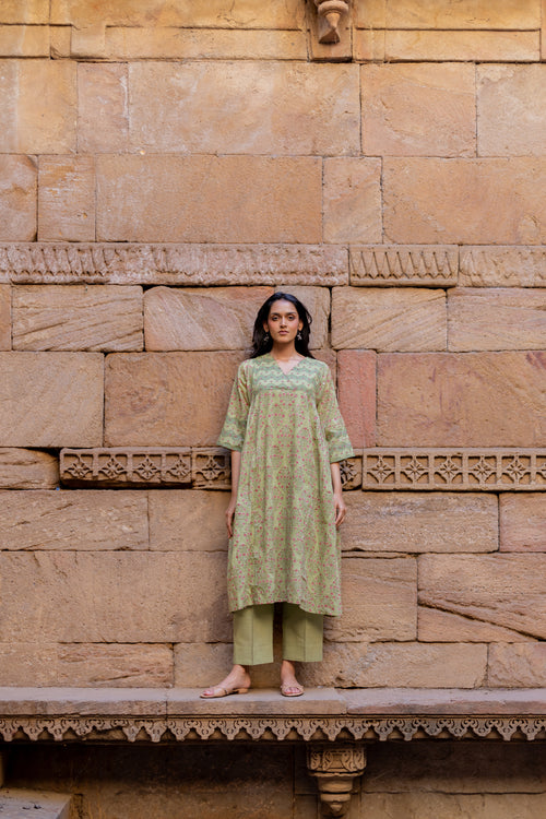 Green Cotton Hand Block Printed Kurta