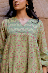Green Cotton Hand Block Printed Kurta