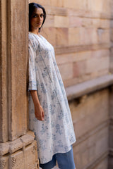 Cotton Hand Block Printed Kurta - White
