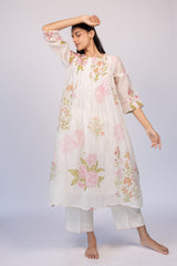 Off-White Floral Chanderi Kurta