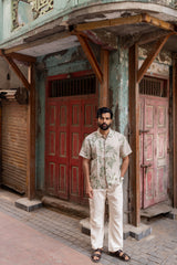 Beige Botanical Print Linen Half-Sleeve Shirt