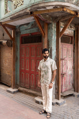 Beige Botanical Print Linen Half-Sleeve Shirt