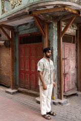 Beige Botanical Print Linen Half-Sleeve Shirt