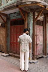 Beige Botanical Print Linen Half-Sleeve Shirt