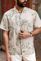 Beige Botanical Print Linen Half-Sleeve Shirt