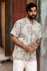 Beige Botanical Print Linen Half-Sleeve Shirt