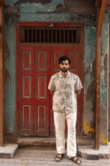 Beige Botanical Print Linen Half-Sleeve Shirt