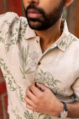 Beige Botanical Print Linen Half-Sleeve Shirt
