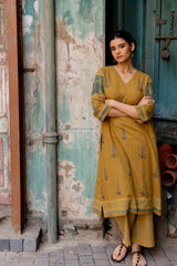 Yellow Cotton Ajrakh Hand Block Printed Kurta
