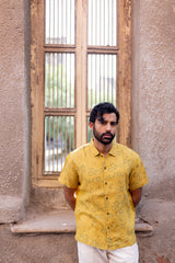 Yellow Floral Printed Linen Half-Sleeve Shirt