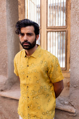 Yellow Floral Printed Linen Half-Sleeve Shirt