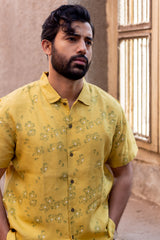 Yellow Floral Printed Linen Half-Sleeve Shirt