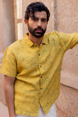 Yellow Floral Printed Linen Half-Sleeve Shirt