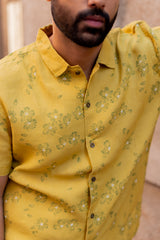 Yellow Floral Printed Linen Half-Sleeve Shirt