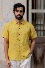 Yellow Floral Printed Linen Half-Sleeve Shirt