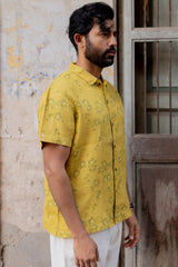 Yellow Floral Printed Linen Half-Sleeve Shirt