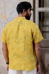 Yellow Floral Printed Linen Half-Sleeve Shirt