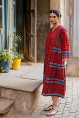 Maroon Cotton Hand Block Printed Tiered Dress