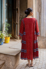Maroon Cotton Hand Block Printed Tiered Dress