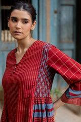 Maroon Cotton Hand Block Printed Tiered Dress
