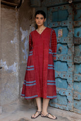 Maroon Cotton Hand Block Printed Tiered Dress
