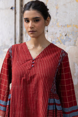 Maroon Cotton Hand Block Printed Tiered Dress
