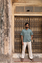 Blue Botanical Print Linen Half-Sleeve Shirt