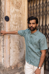 Blue Botanical Print Linen Half-Sleeve Shirt
